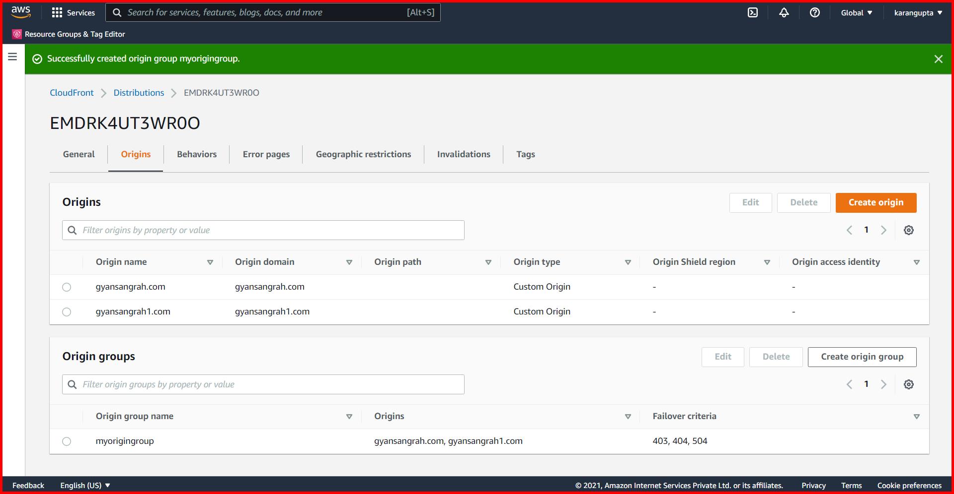 Picture showing the origin group created in the cloudfront